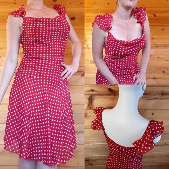 Frederick's of Hollywood Dresses & Skirts - Rockabilly retro red polka dot ruffle dress cowl
